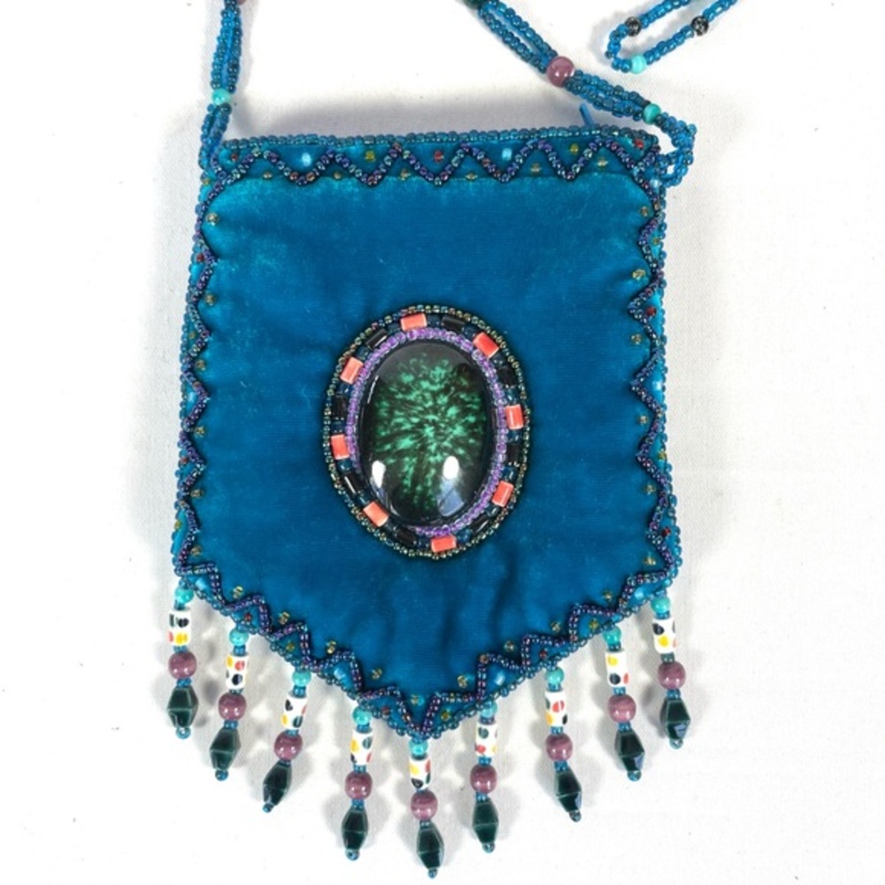 Turquoise Silk Velvet Beaded Crossbody Coin Purse Boho Festival Bag - Picture 2 of 7